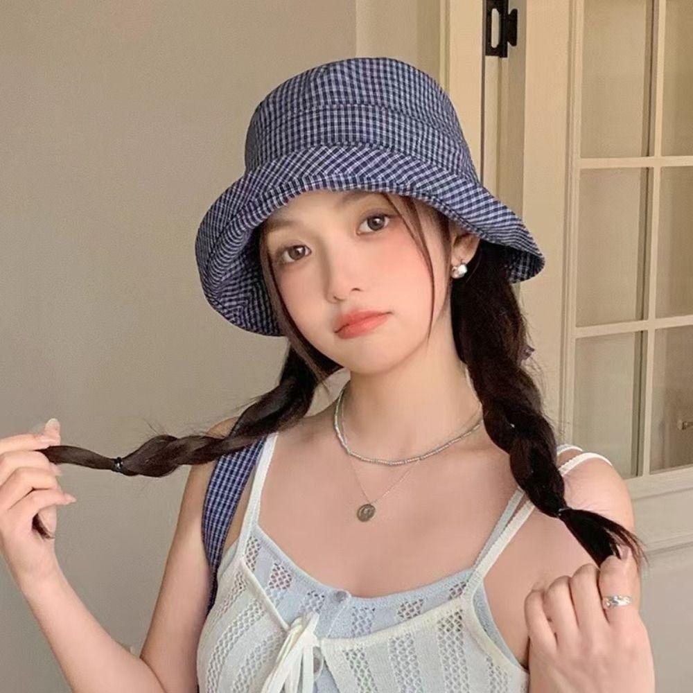 Curled Plaid Bucket Cap Quick-dry Fisherman Caps Ins Plaid Sun Hat  for Women