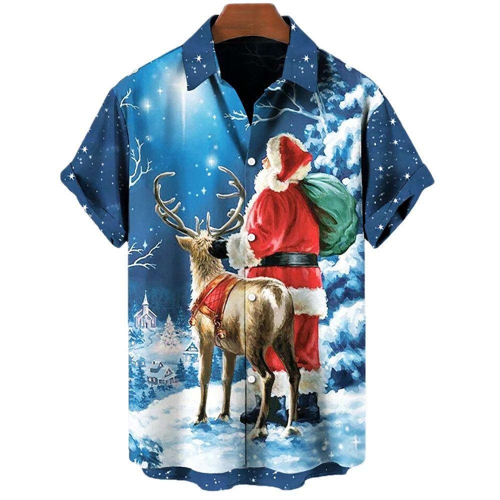 2024 New Arrival Men's Shirts Men Hawaiian Camicias Casual One Button Christmas Skull Printed Short-sleeve Blouses Tops