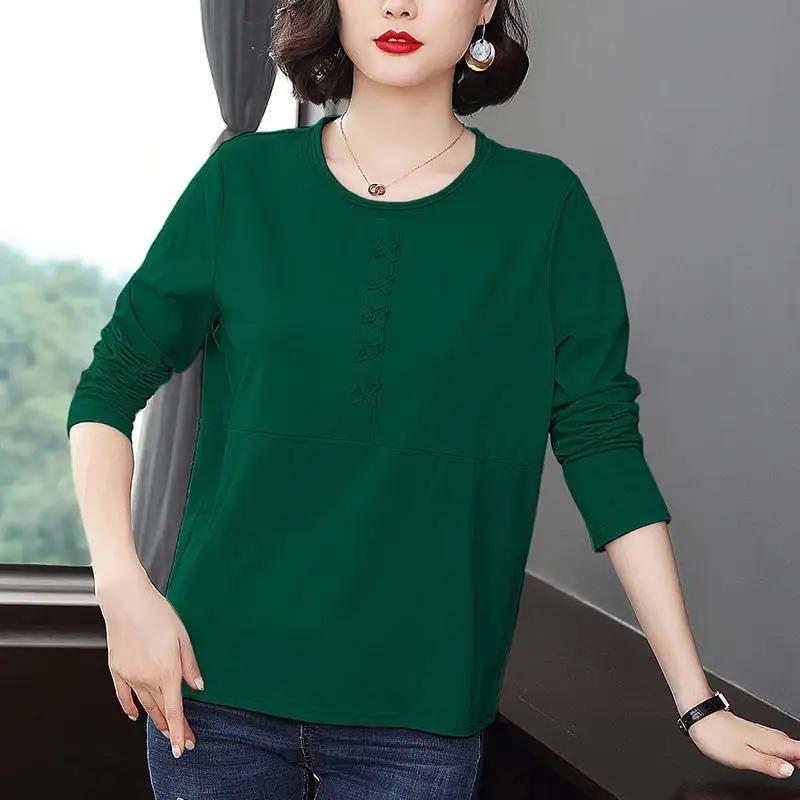 

T-Shirt Mid-Age Loose Top Mom Pure Cotton Long Sleeve L зелений