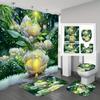 4-piece Set of Blue Fairy Flower Print 12 Hook Waterproof Shower Curtain, Bathroom Floor Mat, U-shaped Mat, Toilet O Cover Mat
