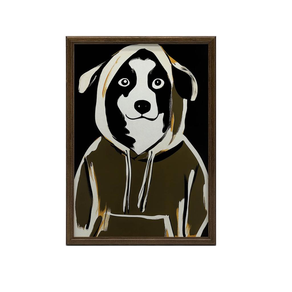 Poster Cute Dog In a Sweatshirt Poster Cute Dog In a Sweatshirt, 30X40 Cm, Dark Brown Wooden Frame, 230 Gsm Matte Paper