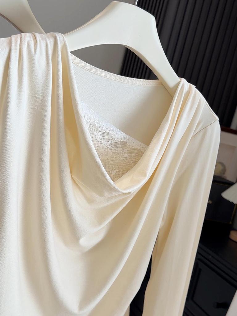 Spring Sweet Lace Patchwork One-Shoulder Slimming Long Sleeve T-Shirt Top