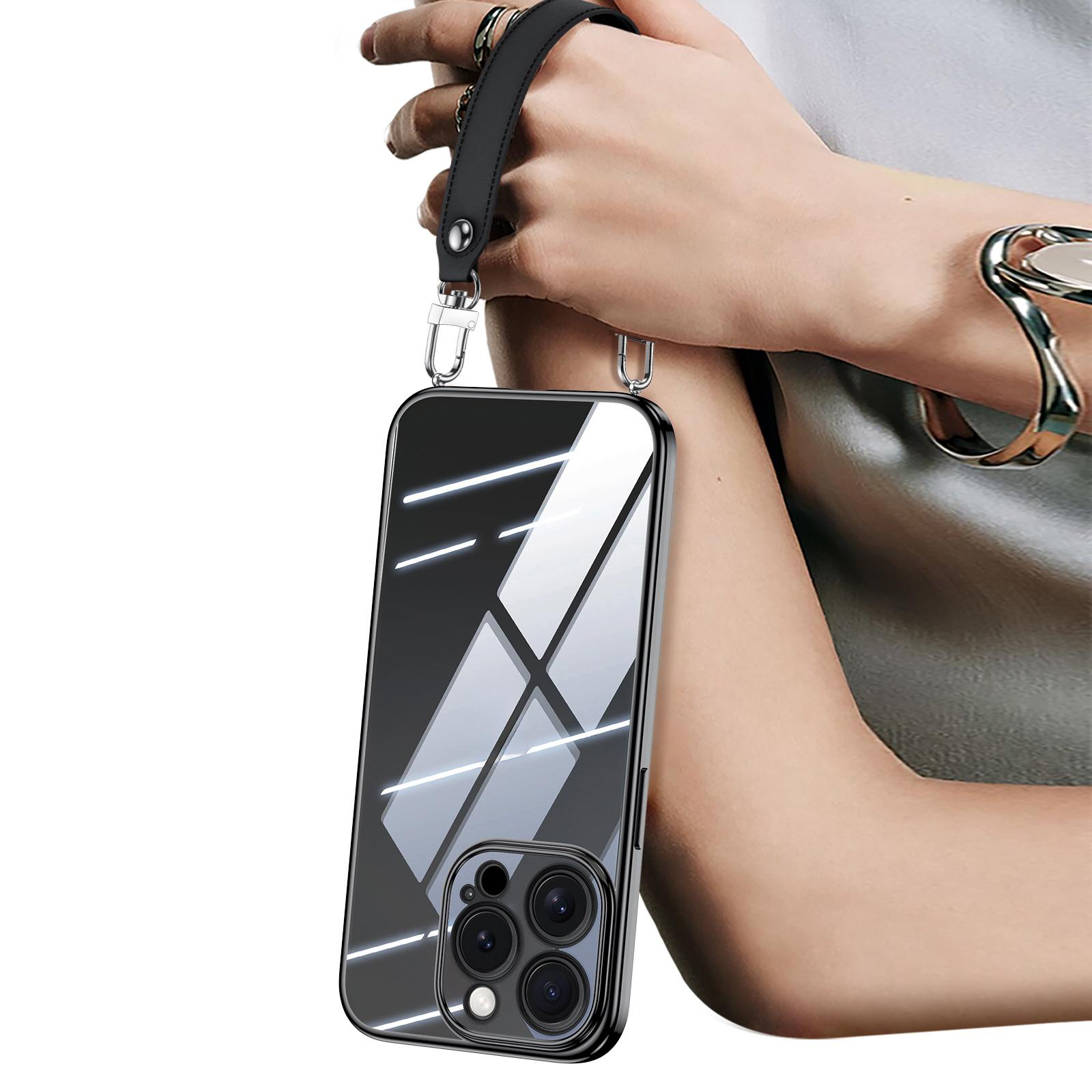 

SULADA For iPhone 16 Pro Case Electroplating Ultra Clear Soft TPU Phone Cover with PU Wrist Strap Black