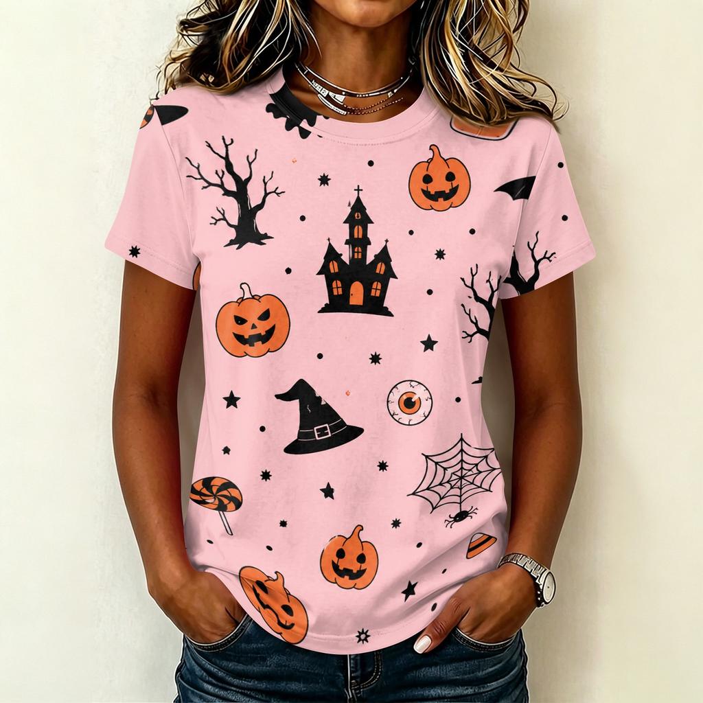 Ladies Casual Pullover Short Sleeve T Shirt Halloween Print Crew Neck Top Halloween Themed Graphic Tee for Women