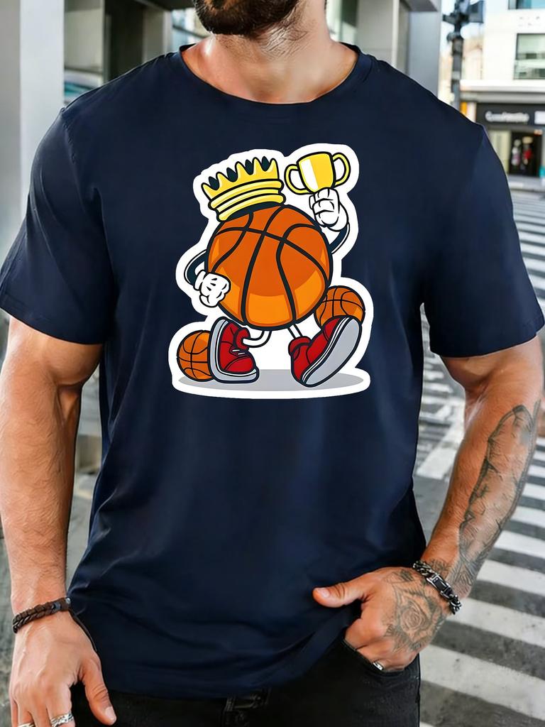 Trendy Unisexs Cotton Tshirt King Basketball Character With Trophy Graphic Short Sleeve Crew Neck Loose Sports Travel Casual Wear