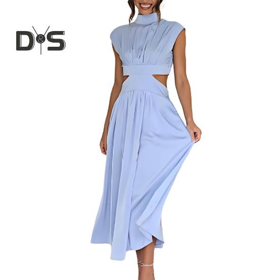 

Женское летнее длинное платье без рукавов с воротником-стойкой и вырезом на талии, коктейльное платье-платье А-силуэта с плиссировкой S светло-синий