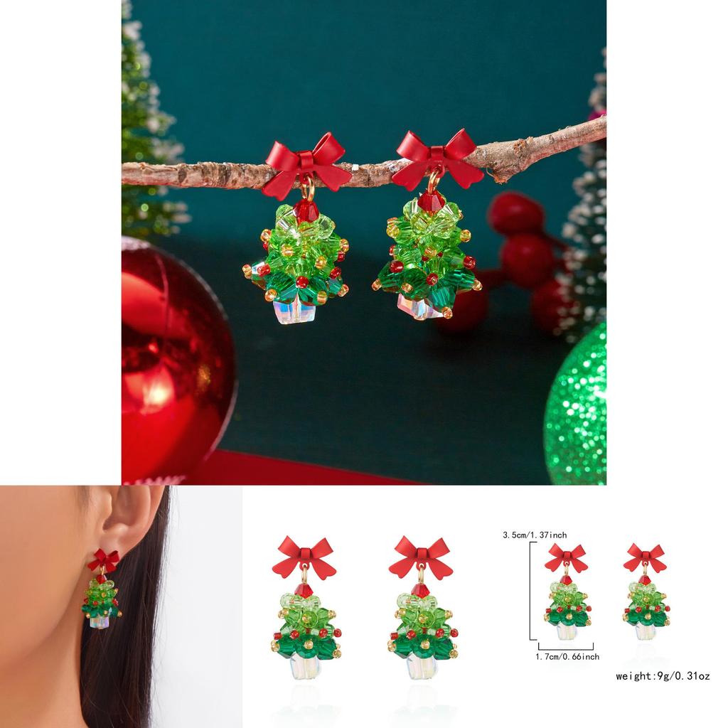 Festive Earrings Women Alloy Red Bow Christmas Tree Jewelry With Shiny Finish For Seasonal Gift