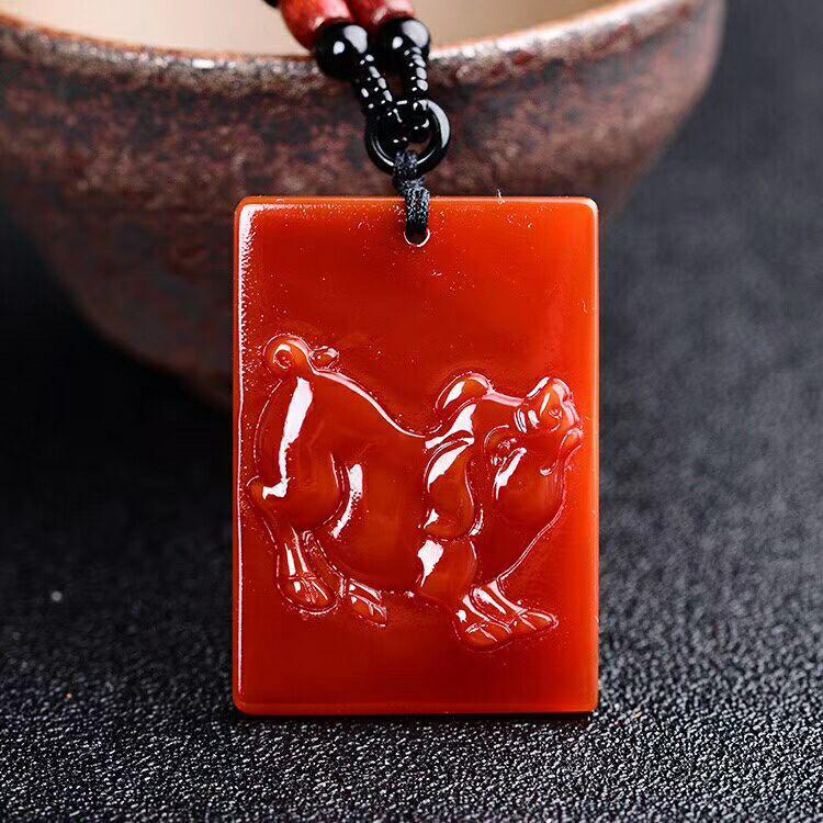 Red Agate Zodiac Pendant - New Design with Monkey and Dog Symbols for Prosperity and Brightness