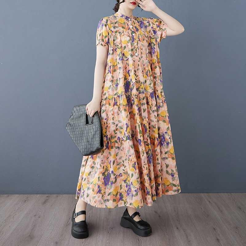 Cotton 2025 Summer Women's Loose Large Size Fashion Printed Long Dresses