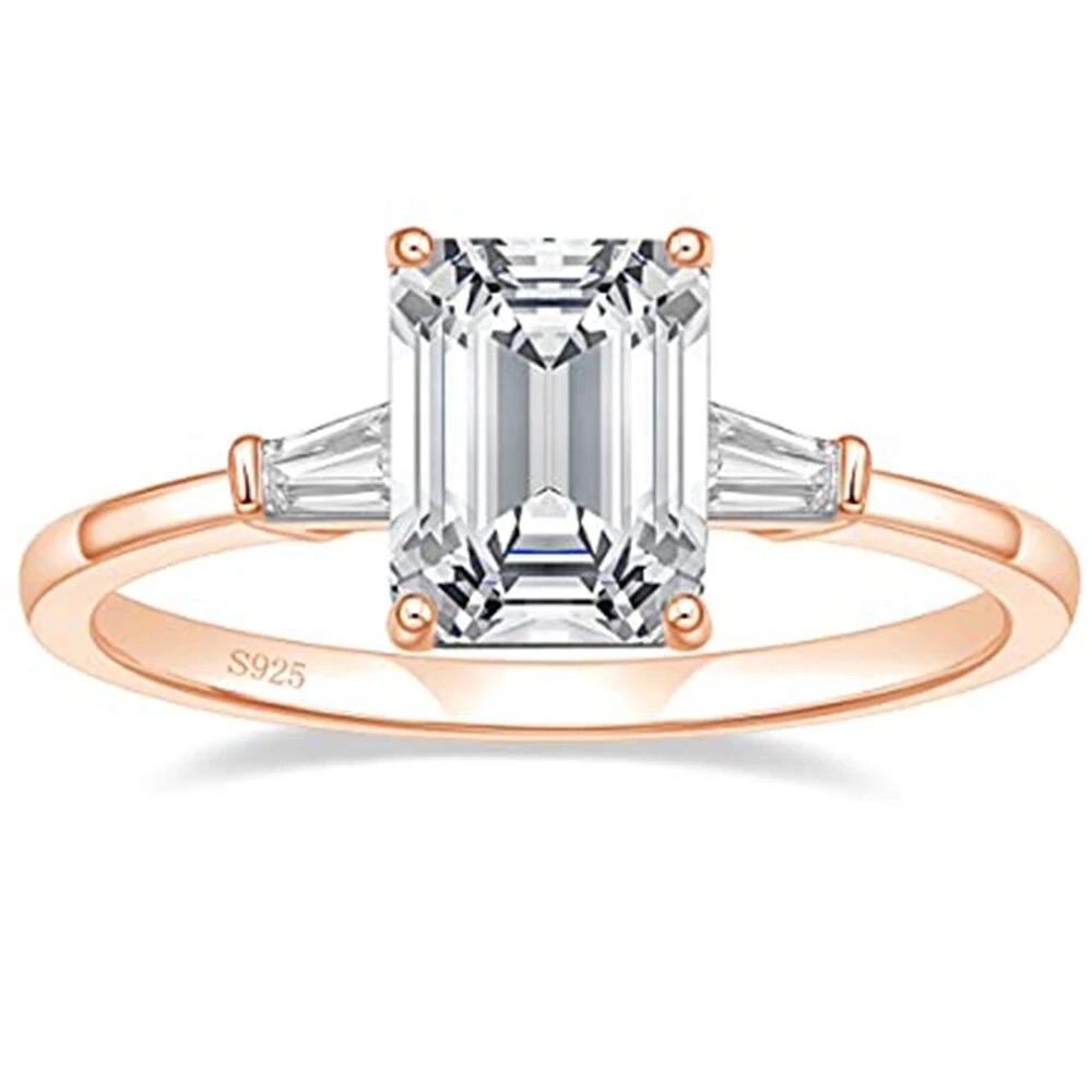 3CT 925 Sterling Silver Engagement Rings 3-Stone Emerald Cut Cubic Zirconia Wedding Promise Rings for Women Gft Jewelry