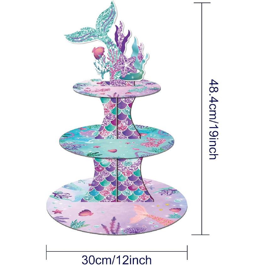 3 Tier Mermaid Cupcake Stand Party Decorations, Mermaid Themed Cupcake Holder Decorations with 20Pcs Mermaid Cupcake Wrappers and Toppers, Cupcake