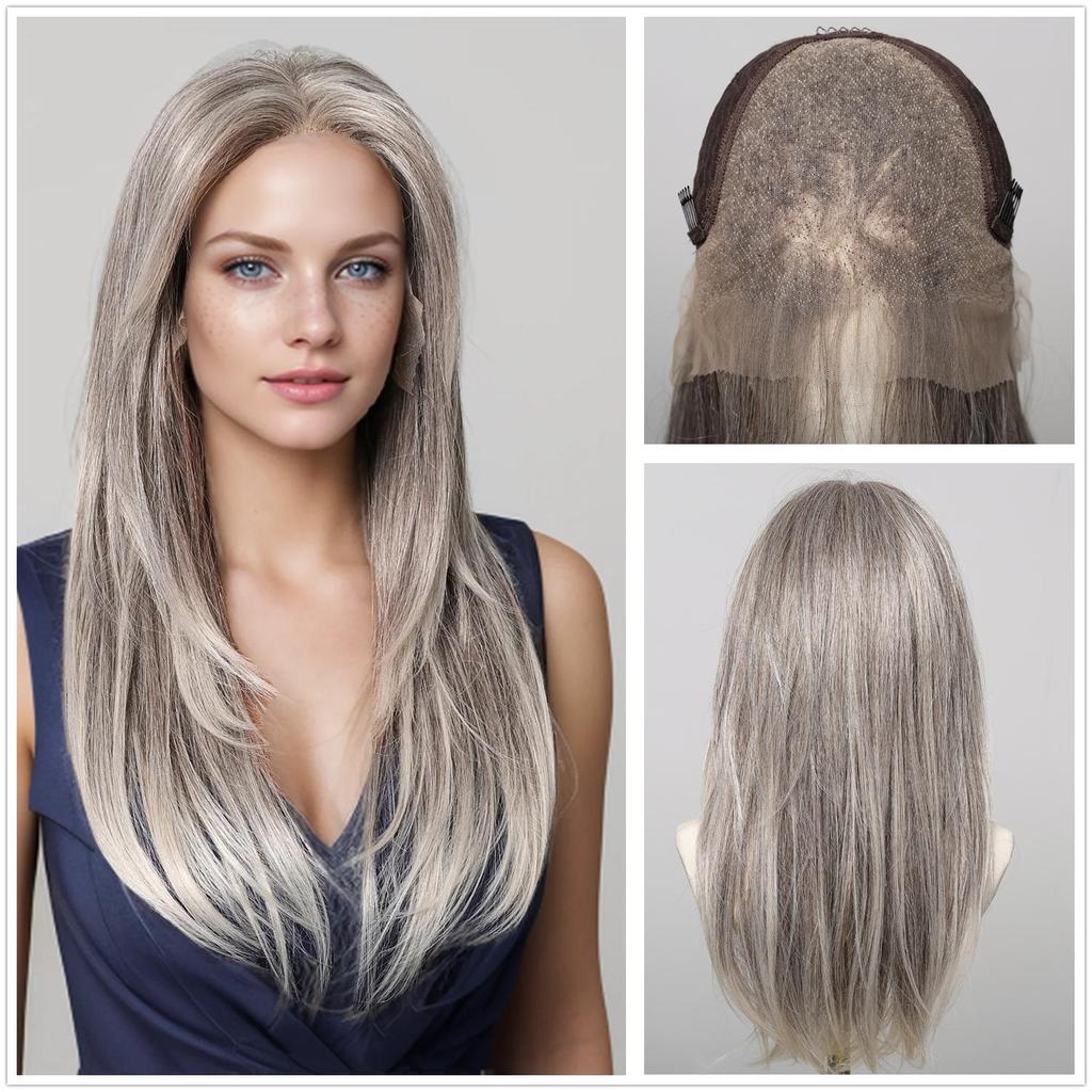 LOUIS FERRE Synthetic 13x6 Lace Wigs Long Straight Hair Gray Ombre Wigs Daily Use Party Wig for White Women Heat Resistant