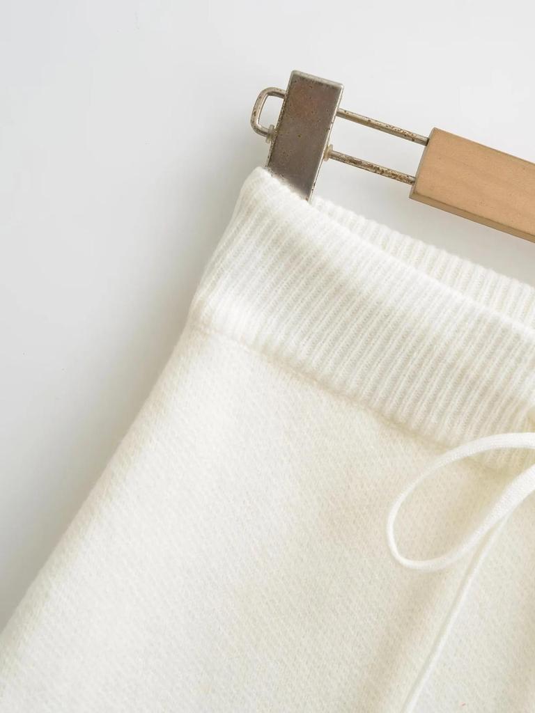 2025 Autumn/Winter High-Waisted Knit Ribbed Bodycon A-Line Skirt with Tie-Up Detail