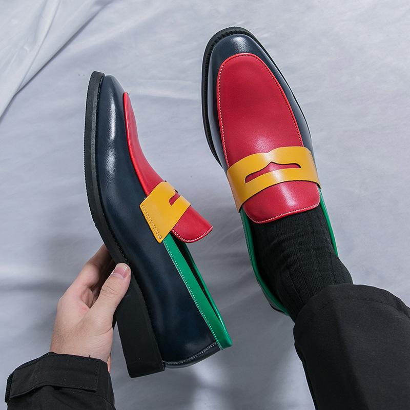 Small leather shoes pointed casual shoes one pedal leather shoes men's foreign trade large size men's fashion color matching loafers men's