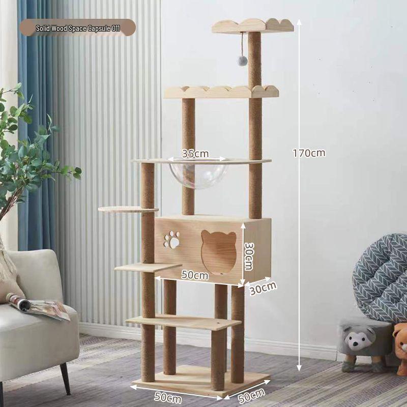 Solid Wood Multi-Layer Cat Climbing Frame with Space Capsule Bed and Shelf