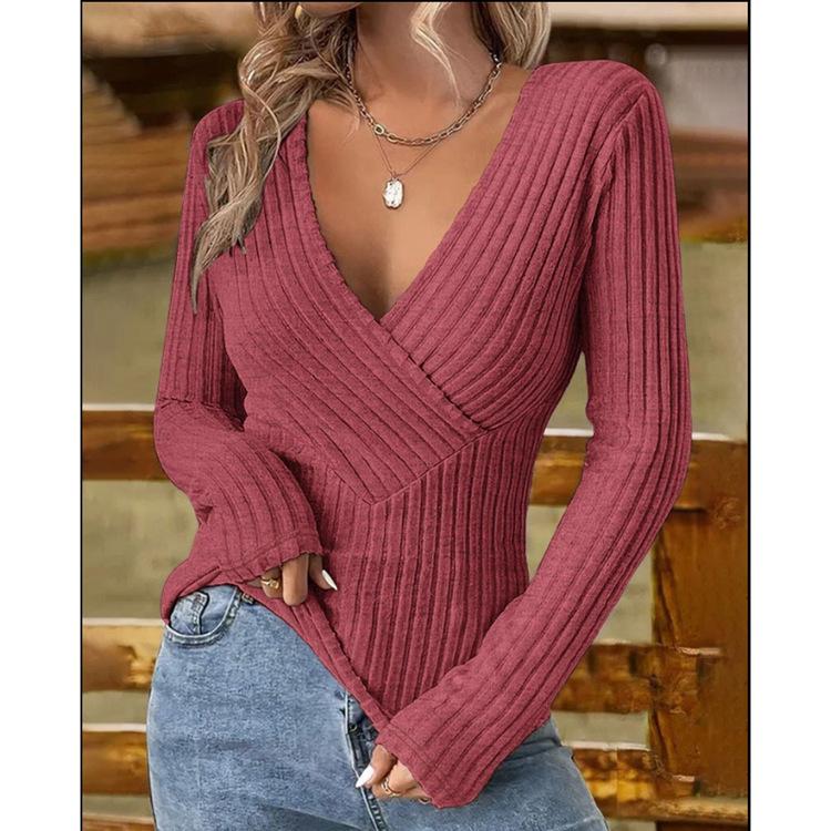 Damen Pullover & Langarmshirts Slim Fit Vielseitig Großer V-Ausschnitt Elastisch Gestrickt Rippstrick Langarm T-Shirts
