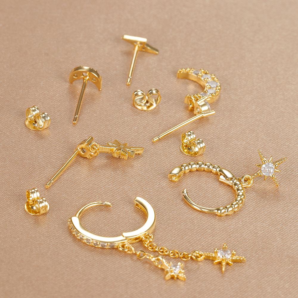 6PCS New Design Stainless Steel Cubic Zirconia Chain Hoop Earring For Women Star Moon Pendant Punk Cartilage Piercing Jewelry