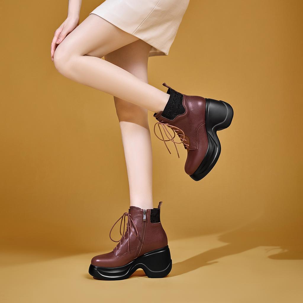 Martin boots women's leather thick-soled 2025 autumn and winter velvet thick heel waterproof table heightening front lace-up side zipper short boots