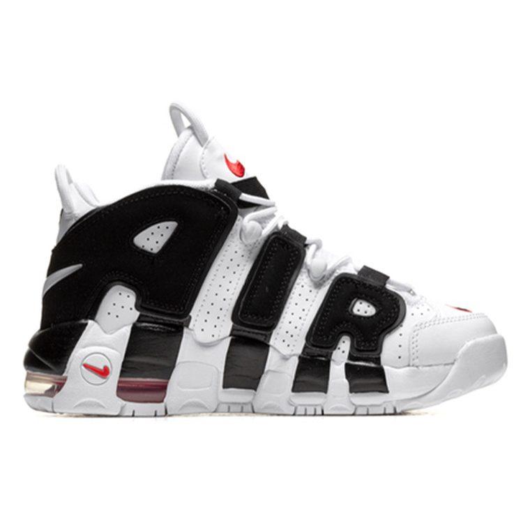 Nike Zapatillas de Baloncesto Air More Uptempo de Cuero Resistente a la Abrasión de Caña Media Blancas Negras Unisex 415082-105