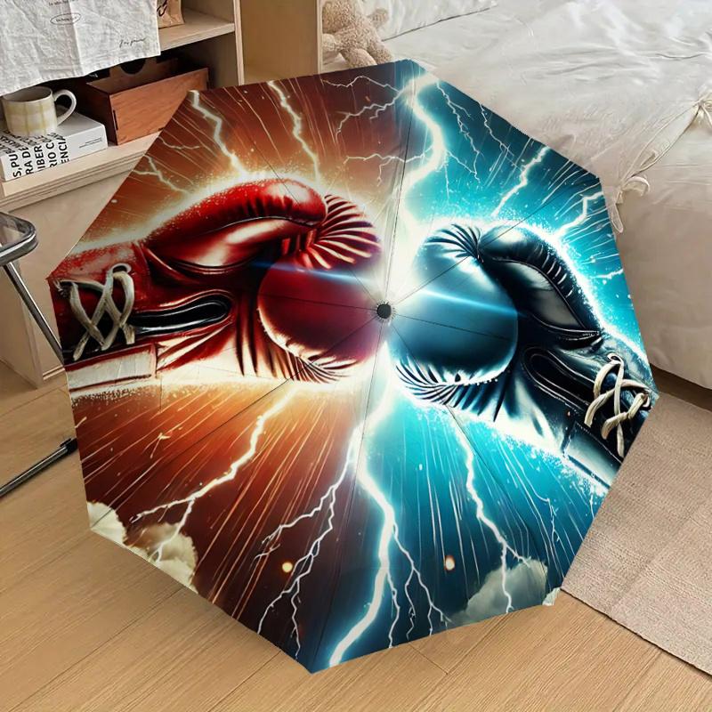 Boxing Gloves Lightning Bolt Design Automatic Opening Folding Umbrella - Portable 3-Fold Design with Iron Frame, Perfect for Fans, Travelers