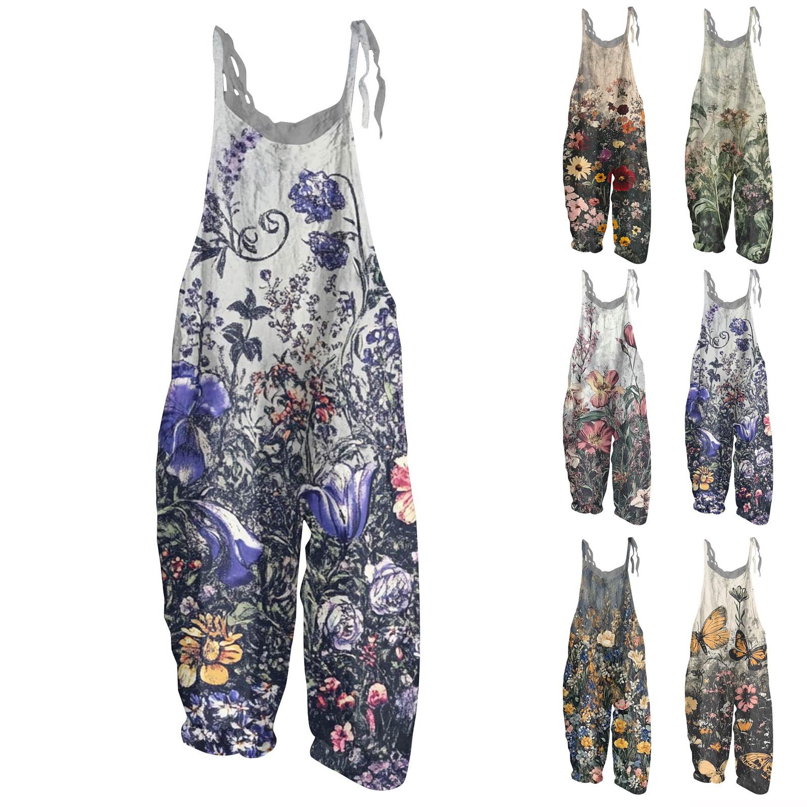 

Women s Jumpsuit Floral Print Casual Loose Vintage Shoulder Strap Cotton Linen XXXXXL помаранчевий