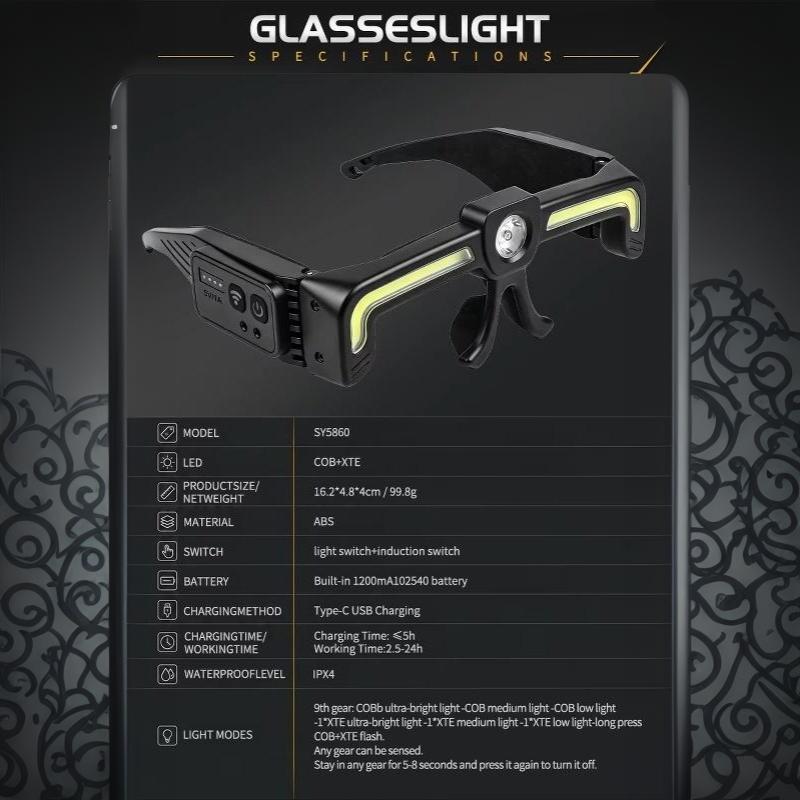 Induction Led Glasses Headlight Rechargeable Type-C Waterproof Lightweight Work Lamp For Car Maintenance Repair