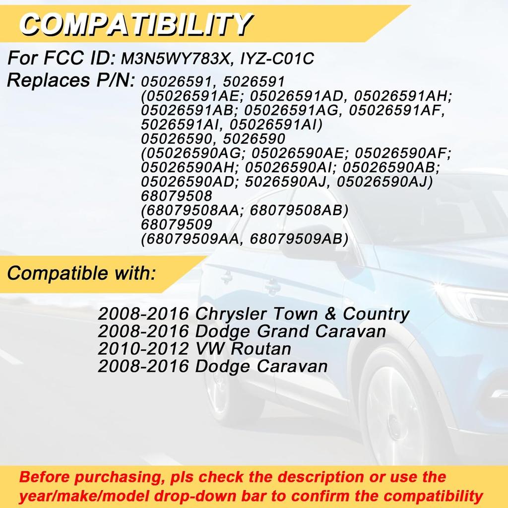Key Fob Replacement For 2008-2016 Chrysler Town Country & Dodge Grand Caravan Car Keyless Entry Remote Control, M3N5WY783X IYZ-C01C, 7 Buttons