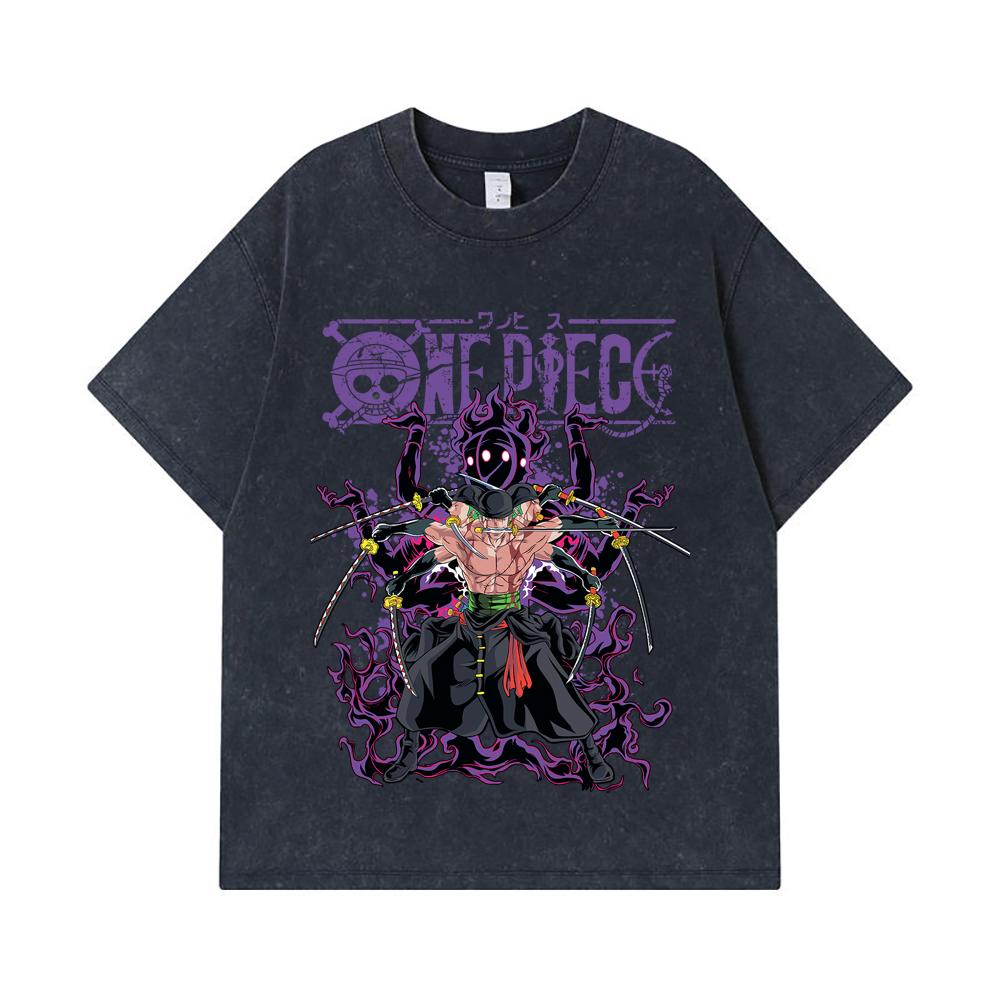 275 GSM Washed T-shirts 100% Cotton One Piece V65 Zoro Print Unisex Heavy Cotton T Shirt