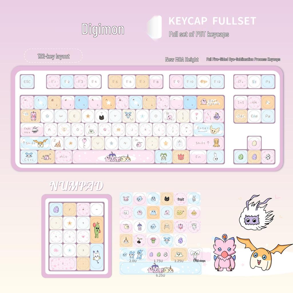 Digimon PBT Dye-Sublimation Keycaps: Cute Cartoon Design for 75/87/98/108 Keyboard Layouts (MOA Original Height).