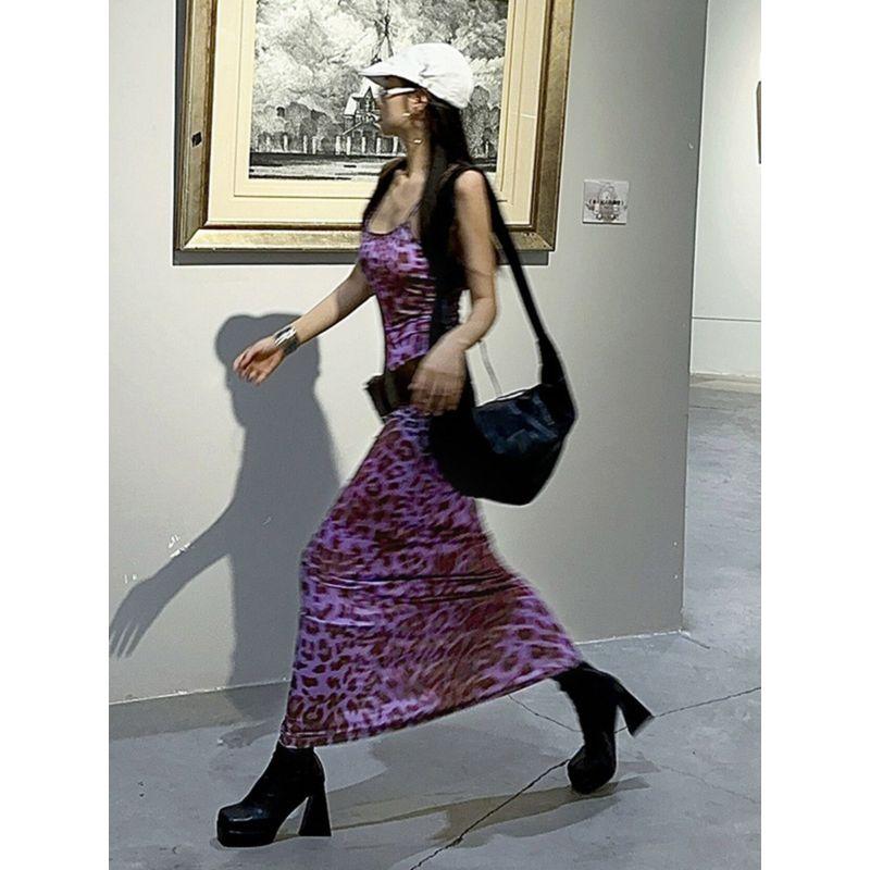 2024 Classy Sexy Purple Leopard Print Suspender Dress for Women Retro American Street Dress Trendy