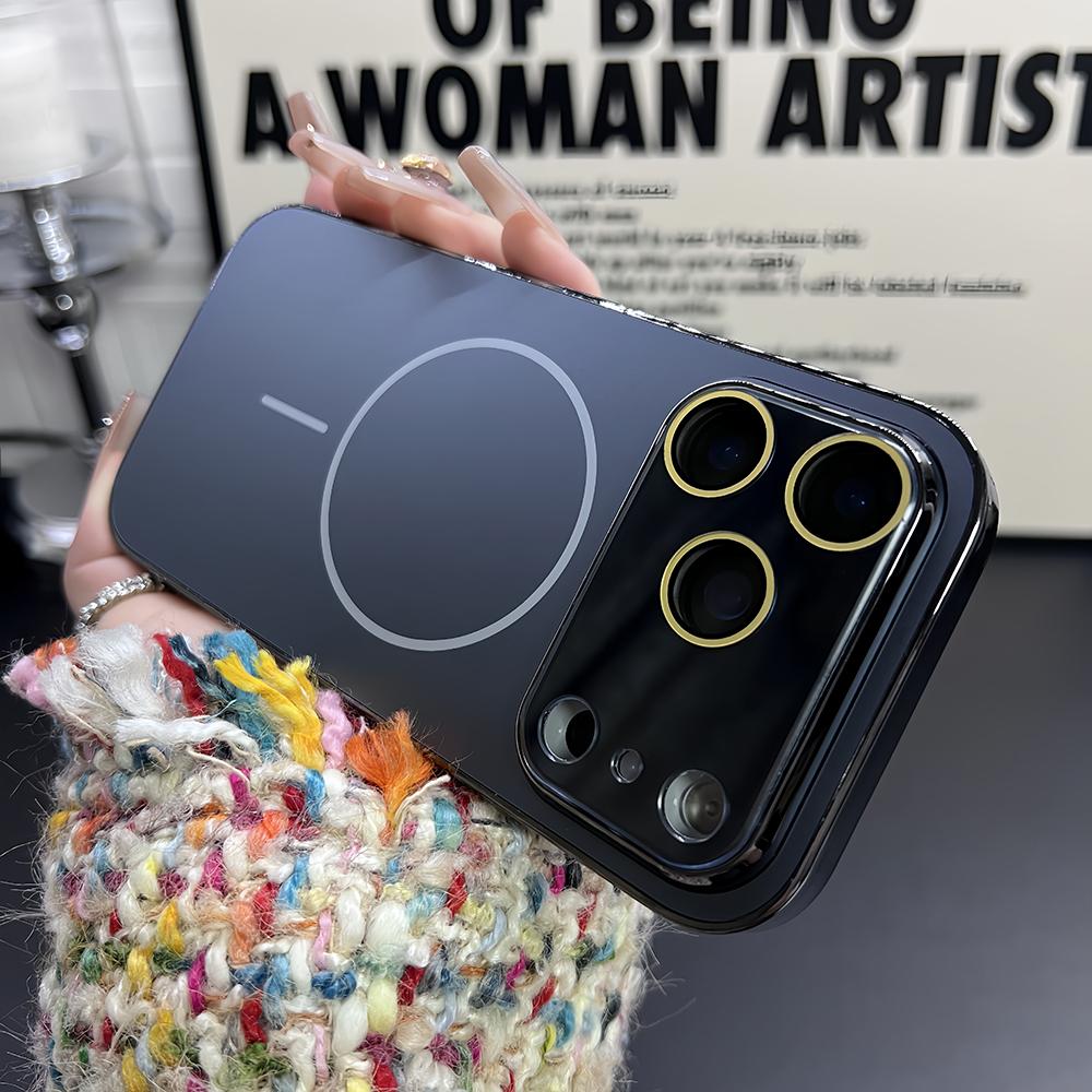 

Plating AG Frosted Crystal Lens Large Glass Window Case For iPhone 17 16 15 14 Pro Max For Magsafe Magnetic Wireless Charge Capa iPhone 11 чорний
