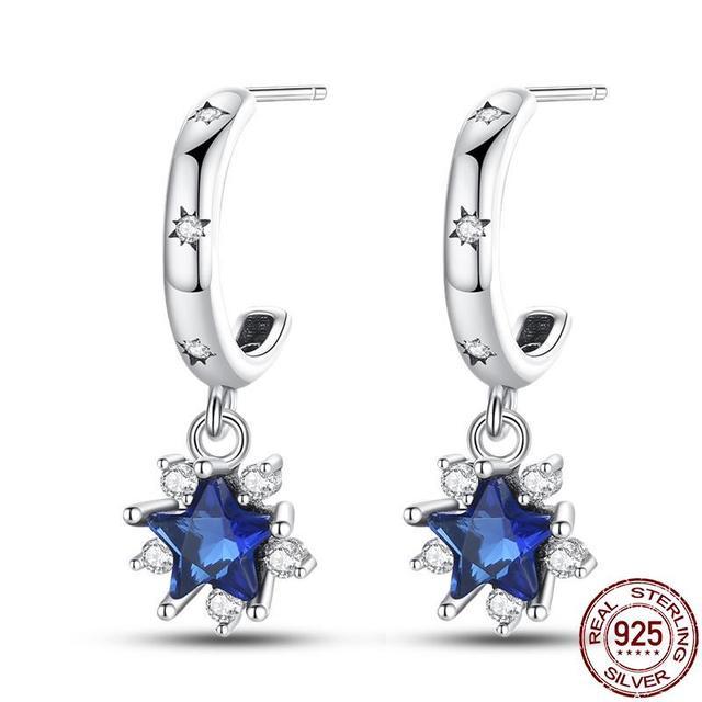 

Сережки зі зірками 100 % срібло 925 проба, блакитний циркон, ювелірні вироби, ювелірні вироби для жінок, блискучі сережки-кільця, вечірка синій