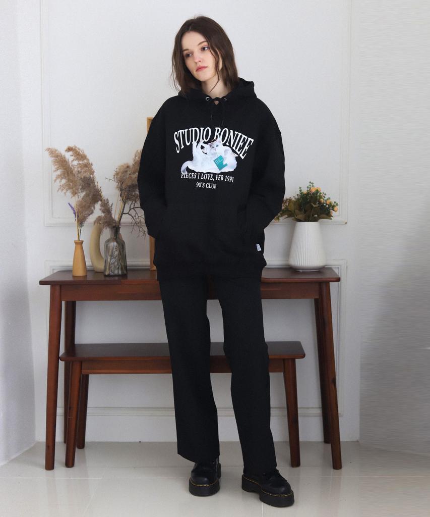 [Fleece Lined Selection] Angel Cat Graphic Oversized Hoodie Black