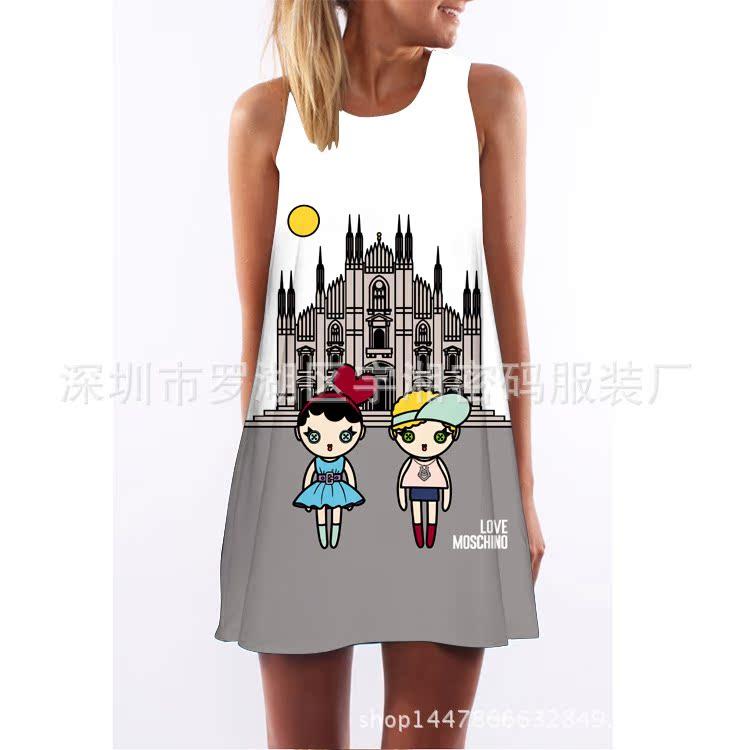 European and American Hot-selling New Digital Printing Round Neck Big Pendulum Loose Off-the-shoulder Medium and Long Vest Sleeveless Dress