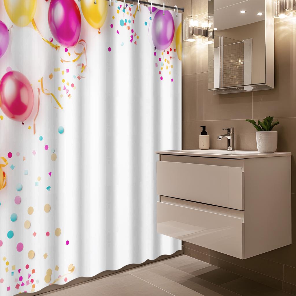 Cartoon Colorful Balloon Party Shower Curtain, 12 Hooks, Fun Bath Partition for Home & Bathroom Decoration