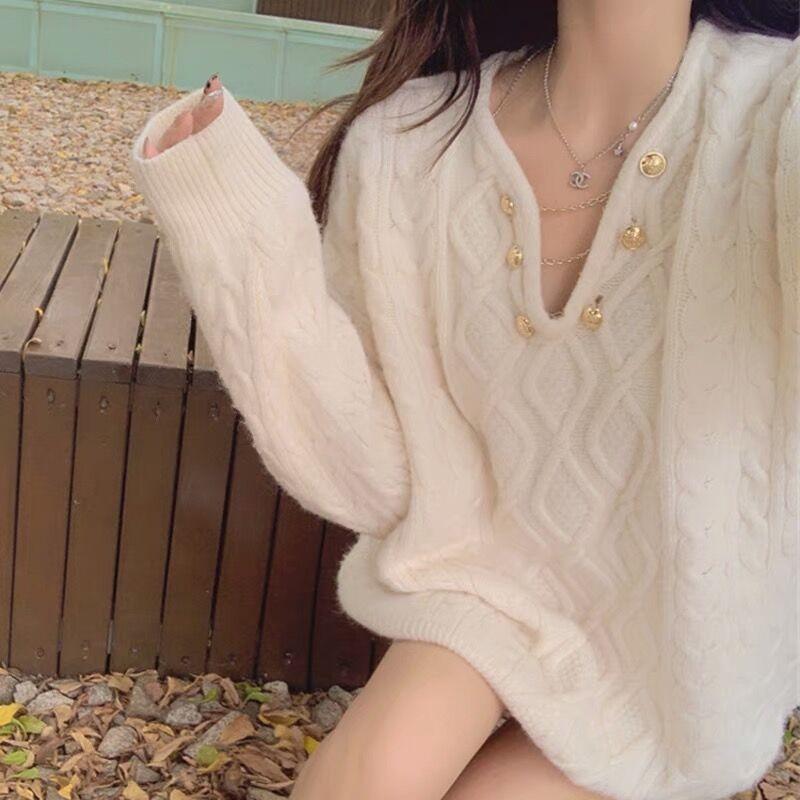 V-neck Twist Sweater Women In The Long Section of The Fall and Winter Loose Lazy Wind Gentle Pullover Knitted Tops