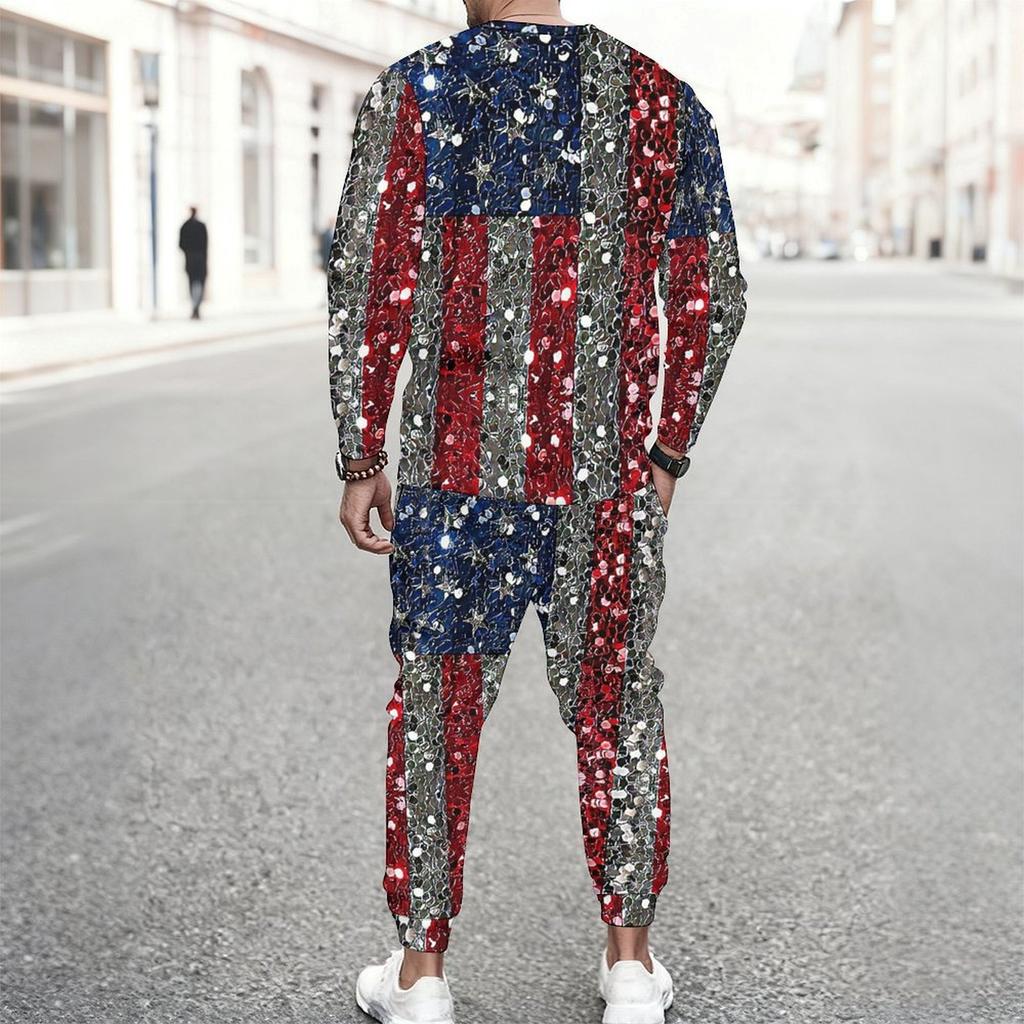 Men Sunflower American Flag Tie Dye Print Long Sleeve Sweatshirt And Drawstring Jogger Pants Two Piece Suit