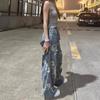 Women's Plus Size High Waist Retro Floral Ripped Wide-Leg Jeans: Summer Straight-Leg Floor-Length Design