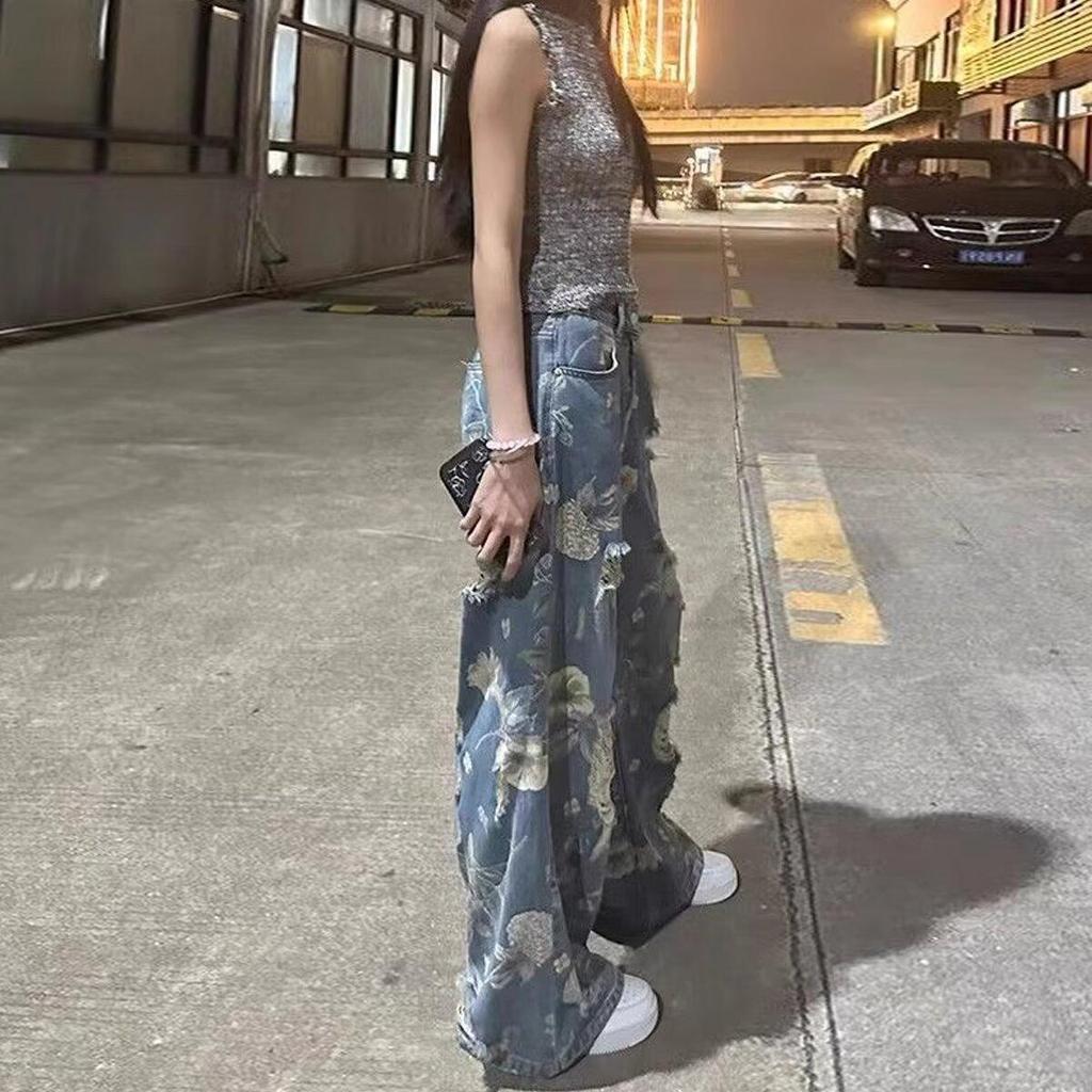 Women's Plus Size High Waist Retro Floral Ripped Wide-Leg Jeans: Summer Straight-Leg Floor-Length Design