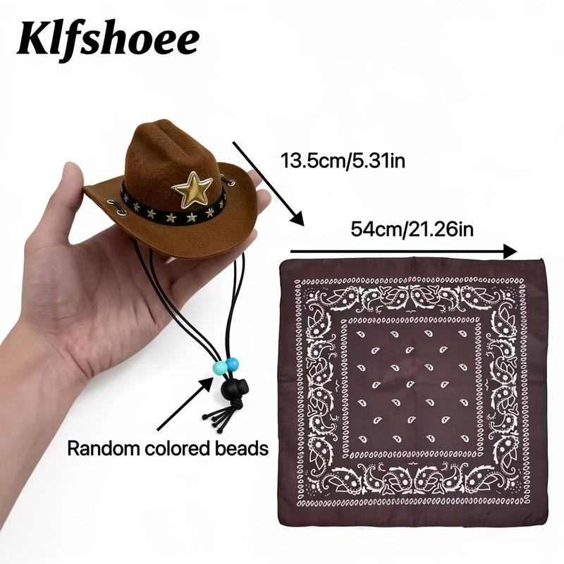 2Pcs Western Cowboy Pet Costume Set Machine Washable Adjustable‑Strap Hat  Retro Brown Bandana For Small Medium Dogs Puppies Kit