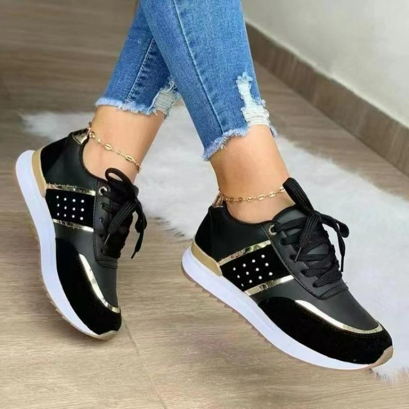 Women's Sneakers Platform Casual Shoes Leather Patchwork Vulcanized Shoes Fashion Plus Size Shoes Outdoor Lace Up Running Shoe