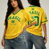 T-shirt da Donna Casual con Scollo a V Stampa Emblema Nazionale del Brasile Manica Corta Magliette per Fan del Brasile Maglia Sportiva da Calcio Abbigliamento Femminile