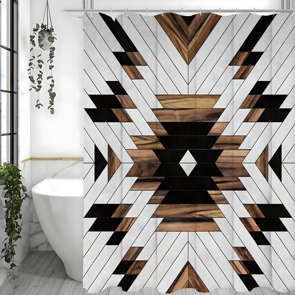 Vintage Geometric Decorative Pattern Shower Curtain, Bathroom Decorative Shower Curtain, Waterproof Shower Curtain with Hooks