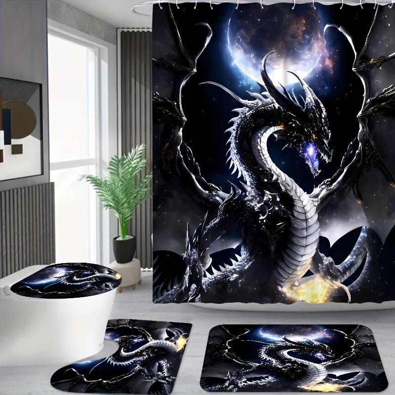 Roaring Black Dragon Bathroom Set Under Moonlight - Waterproof Shower Curtain, Toilet Lid, Bath Mat, And Contour Mat