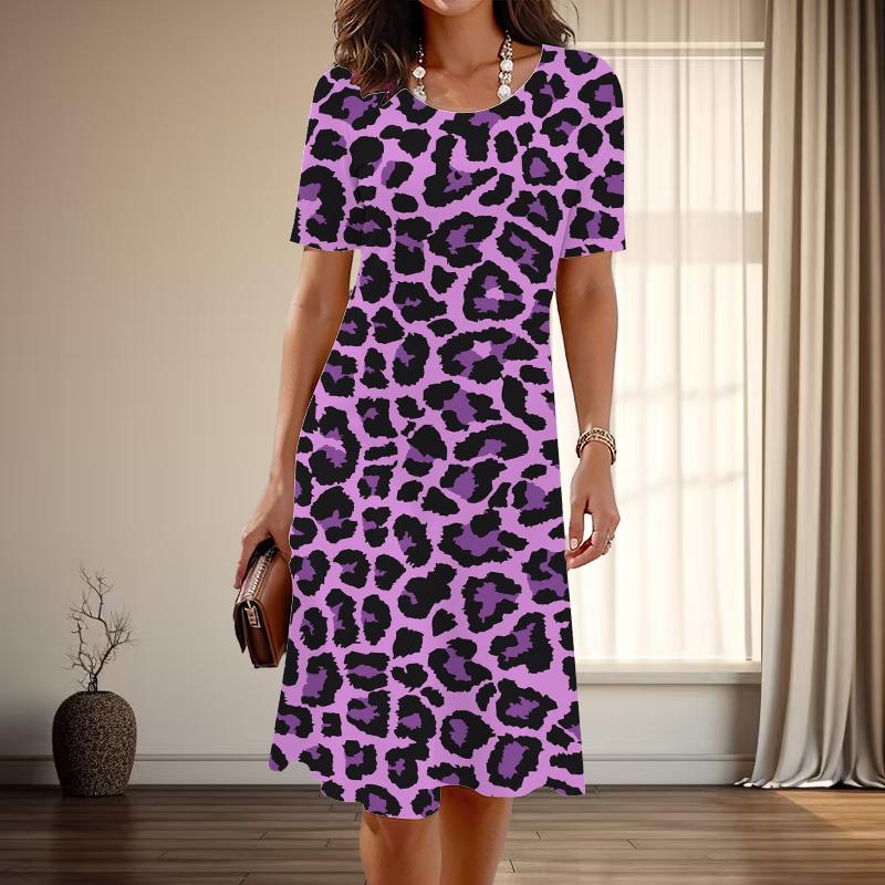 

Женская мода изящный леопардовый принт принт лето весна короткий рукав О-образный вырез повседневные платья 8XL фиолетовый
