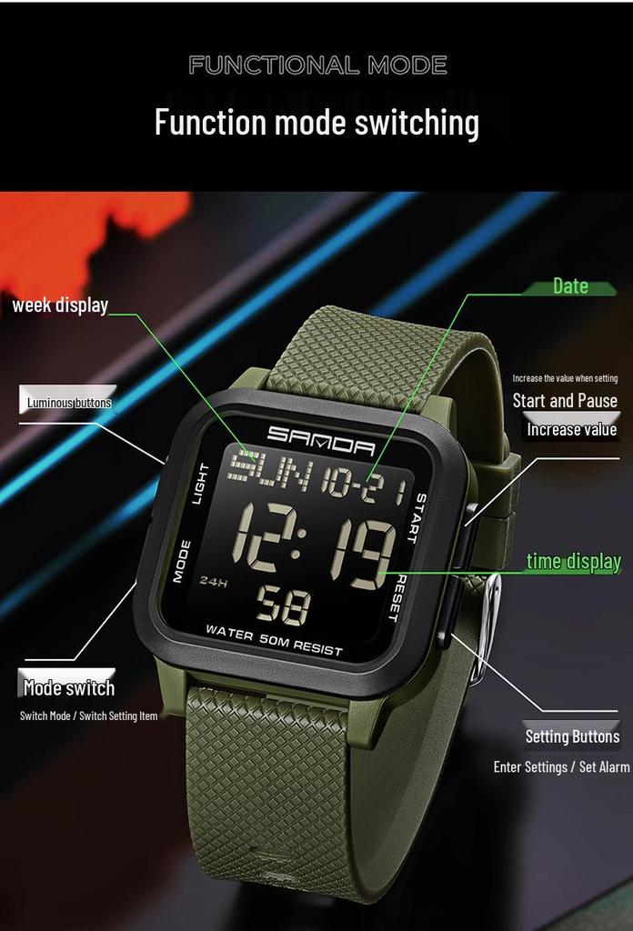 Sanda Student Sports Watch - Waterproof, Luminous Large Dial, Countdown Timer, Multifunction Alarm Clock, Square Electronic Design