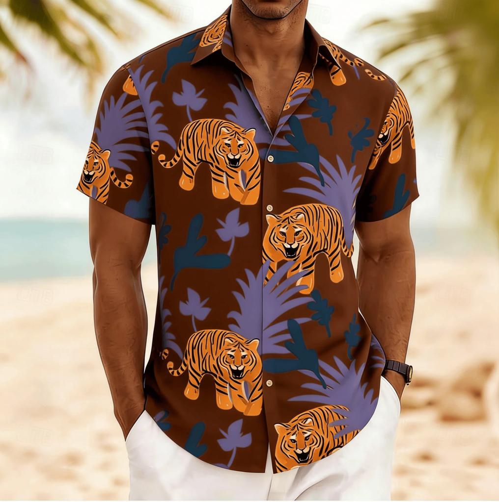 Hawaiian Short-Sleeve Shirt with Tiger & Tropical Print, Great for Beach Wear.