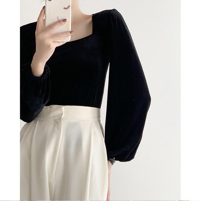 

Square-necked bottoming shirt for women with foreign style inside, new bubble-sleeved French collarbone golden velvet top in spring, autumn and winter 2XL чорний