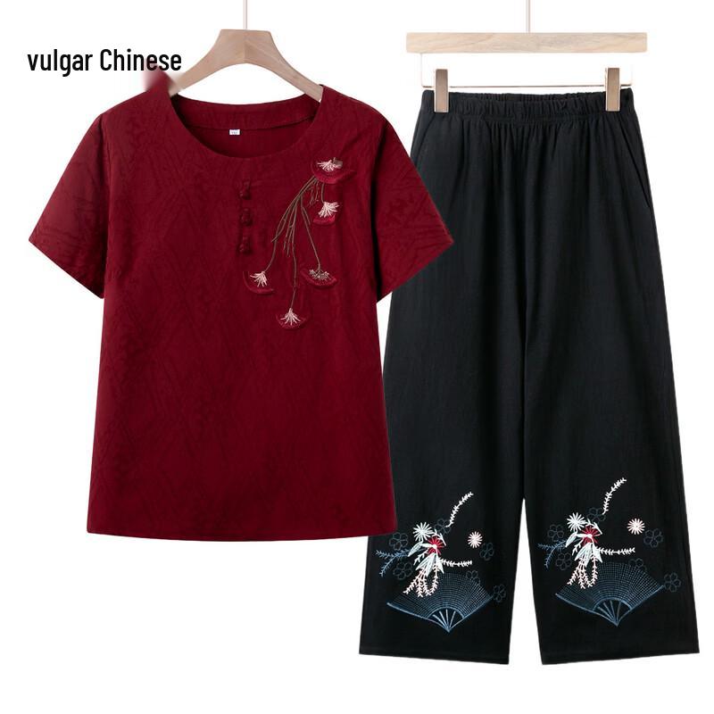 Women s Ethnic Embroidered Cotton-Linen Two-Piece Set 3XL