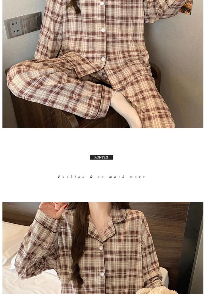 Plaid Long Sleeve Pajama Set with Pants – Spring & Autumn Style, Comfortable Home or Dorm Wear, Suitable for Outdoor Use